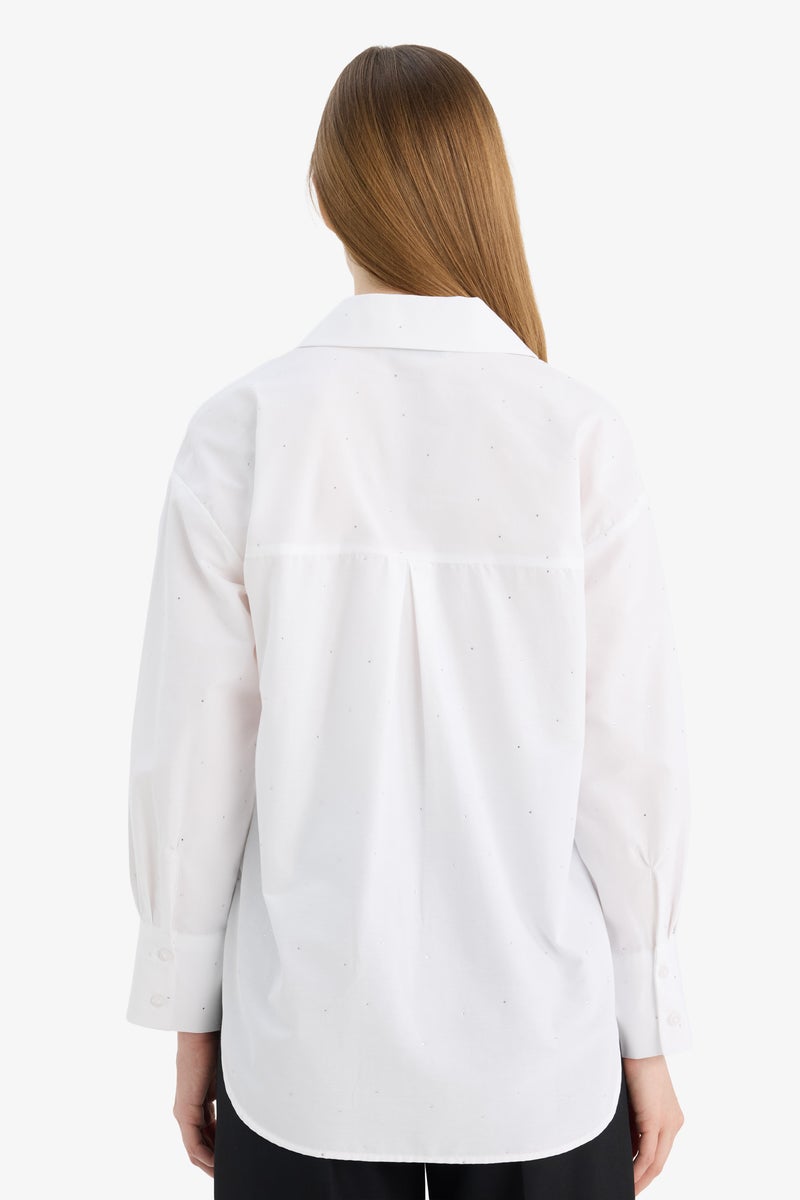 DeFacto White Woman Relax Fit Poplin Shirt Collar Long Sleeve Tunic Casual - Image 5